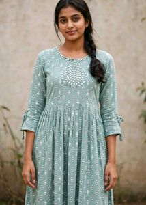 Elegant Teal Printed Kurta with Mirror Work