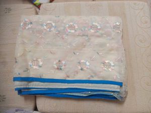 Embroidered Cream Saree with Blue Border