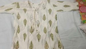 off white  short Kurta with Green Leaf Print