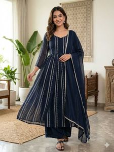 Elegant Teal Kurta Set with Striped Detail