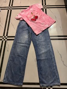 Cute Cherry Graphic Tee & Wide Leg Jeans Set