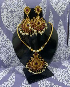 Gold-Tone Necklace and Earring Set with Mangtika