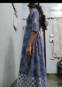 blue white cotton anarkali printed frock legi