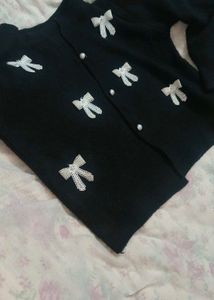 Bow Embellished Black Cardigan