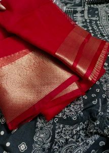 New Vibrant Red Saree with Gold Border