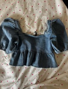 Stylish Denim Puff Sleeve Peplum Top
