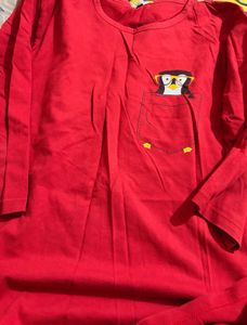 Red T-Shirt with Penguin Pocket Print