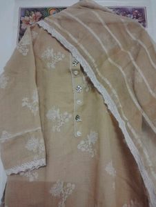 Cotton Liner Lace Work Set With Organza Dupatta