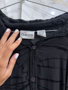 Chico's Black Sheer Striped Button-Up Top
