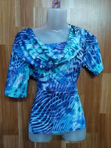 Chic Blue Abstract Print Cowl Neck Top