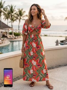 Tropical Print Cut-Out Maxi Dress with pockets