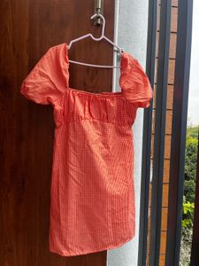 Orange Gingham Puff Sleeve Dress
