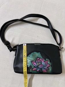 Black Leather Shoulder Bag with Lotus Design