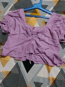 Chic Lavender Ruched Puff Sleeve CropTop