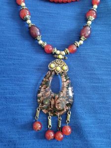 Unused Bohemian Red Beaded Pendant Necklace