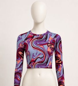 Retro Swirl Print Long Sleeve Crop Top