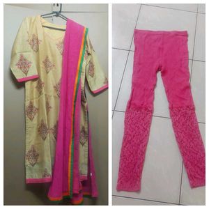 Cream and Fuchsia pink silk cotton salwar full set