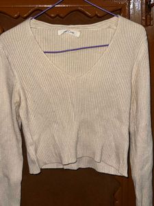 Womens Cream Ribbed V-Neck Cropped Sweater