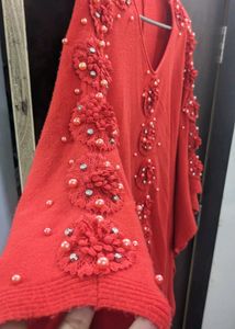 Red Beaded Kaftan Top