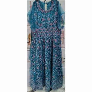Elegant Teal Blue Party Wear Net Gown with Heavy S