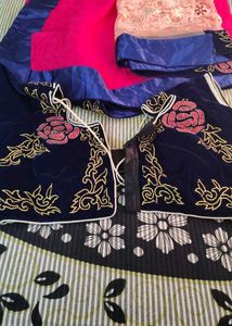 Stunning Pink &amp; Blue Embroidered Saree with Design