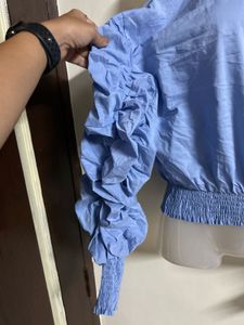 Blue Cold Shoulder Ruffle Sleeve Top