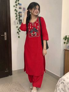 Red Kurta with Bird Embroidery