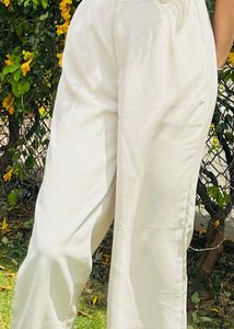 Cream Pleated High-Waist Trousers