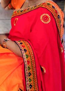 Vibrant Red &amp; Orange Embroidered Saree