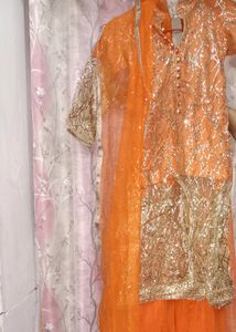 Lahenga With Long Top Orange Colour Glitter Work