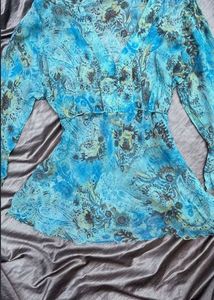 Blue Floral Sheer V-Neck Top