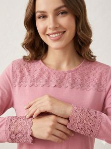 Elegant Pink Lace Trim Long Sleeve Blouse