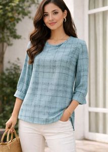 Stylish Blue Plaid 3/4 Sleeve Top | size 3XL