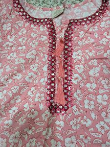 Pink Floral Kurta with Embellished Neckline