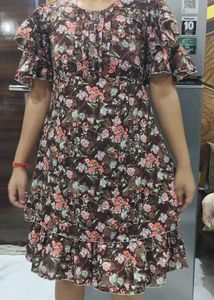 Brown Floral Ruffle Dress