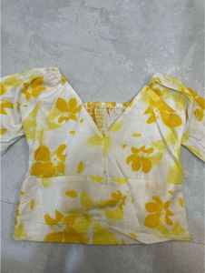 Yellow Floral Print Puff Sleeve Top S size