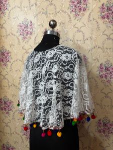 Stylish White Lace Blouse with Tassels