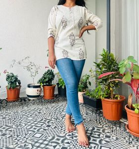 Cream Kurta with Blue Floral Print