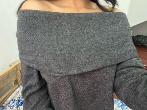 Off-Shoulder Grey Knit Sweater