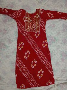 Red Bandhani Print Kurta with Embroidery