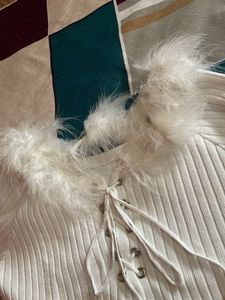 White Ribbed Crop Top with Fur Trim