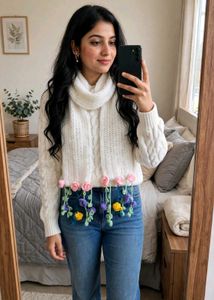 Handmade Crochet Scarf with Flower Embellishments