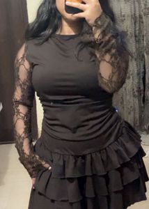 Elegant Brown Lace Sleeve Mini Dress
