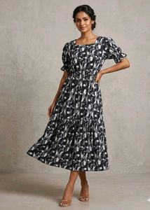 Black &amp; White Printed Tiered Dress