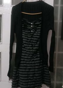Chic Black Ruffled Dress with Cardigan