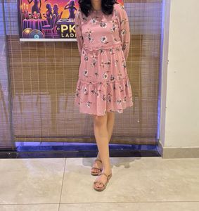 Pink Floral Tiered Chiffon Dress