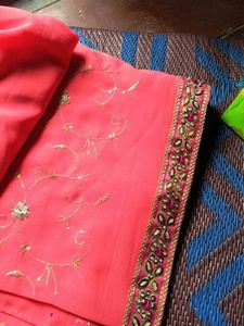 Beautiful Coral Embroidered Saree