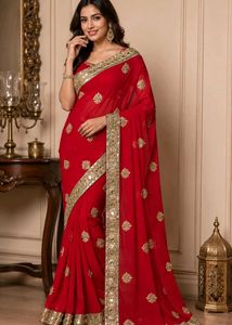 RED PARTY WEAR MIRROR WORK SAREE