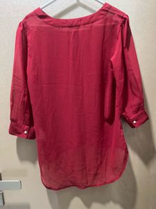 Sheer Maroonish Red Button Pocket Blouse