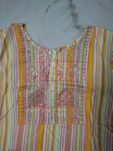 Striped Kurta with Embellished Neckline